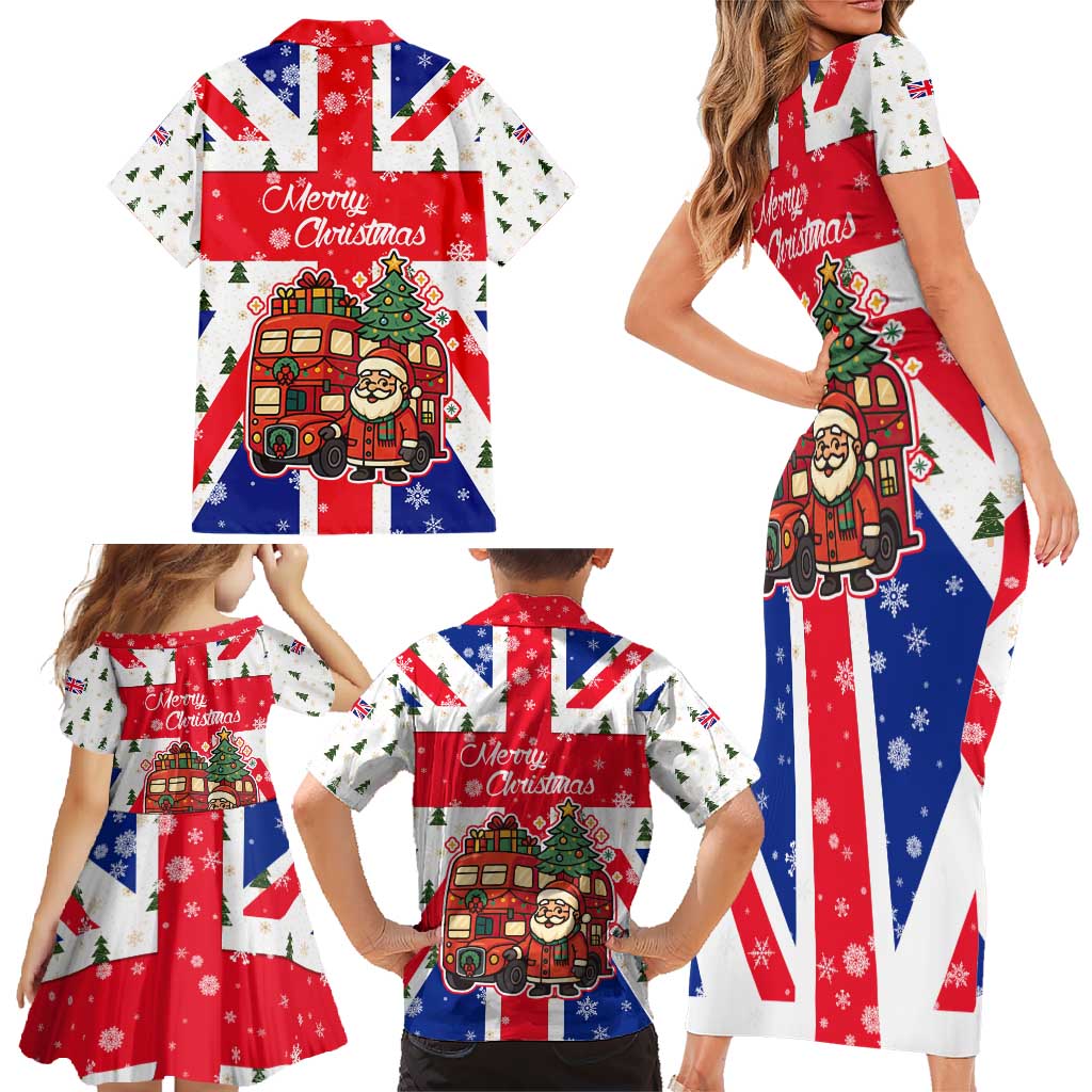 England Christmas Family Matching Short Sleeve Bodycon Dress and Hawaiian Shirt with Red White Blue Santa Bus Tree and Three Lions Design - Wonder Print Shop