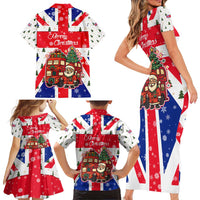 England Christmas Family Matching Short Sleeve Bodycon Dress and Hawaiian Shirt with Red White Blue Santa Bus Tree and Three Lions Design - Wonder Print Shop