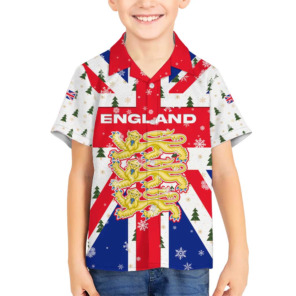 England Christmas Family Matching Short Sleeve Bodycon Dress and Hawaiian Shirt with Red White Blue Santa Bus Tree and Three Lions Design - Wonder Print Shop