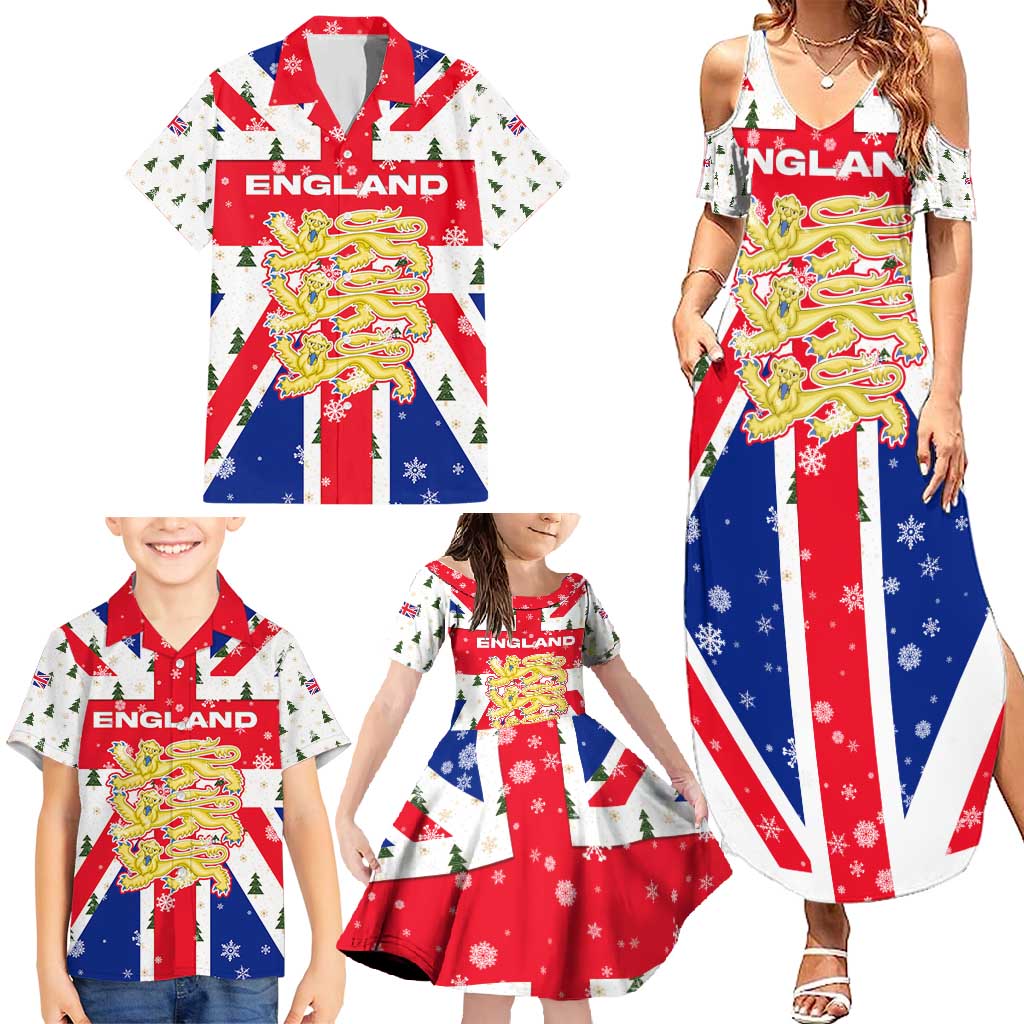 England Christmas Family Matching Summer Maxi Dress and Hawaiian Shirt with Red White Blue Santa Bus Tree and Three Lions Design - Wonder Print Shop