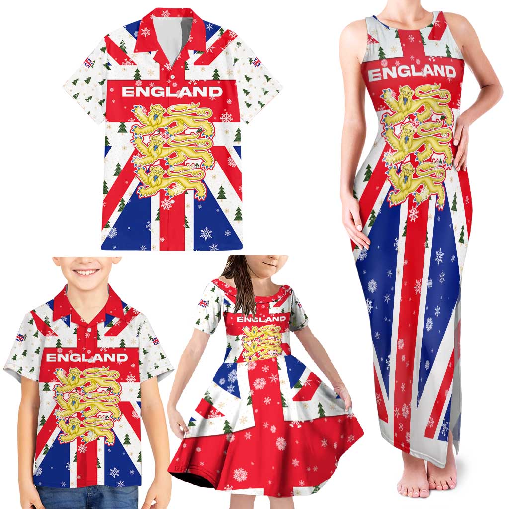 England Christmas Family Matching Tank Maxi Dress and Hawaiian Shirt with Red White Blue Santa Bus Tree and Three Lions Design - Wonder Print Shop