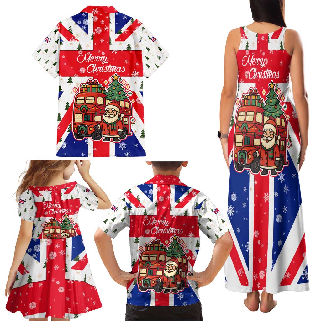 England Christmas Family Matching Tank Maxi Dress and Hawaiian Shirt with Red White Blue Santa Bus Tree and Three Lions Design - Wonder Print Shop