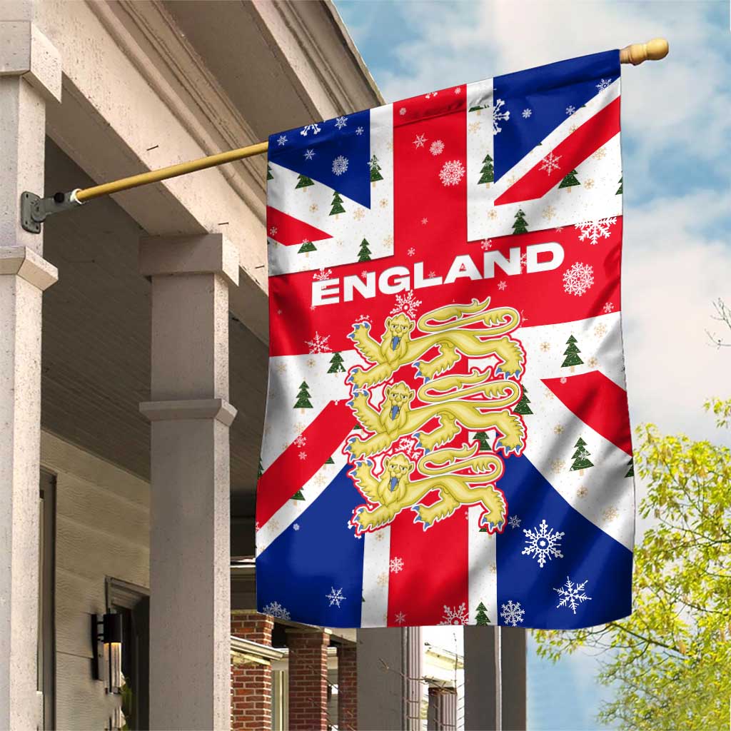 England Christmas Garden Flag with Red White Blue Santa Bus Tree and Three Lions Design - Wonder Print Shop