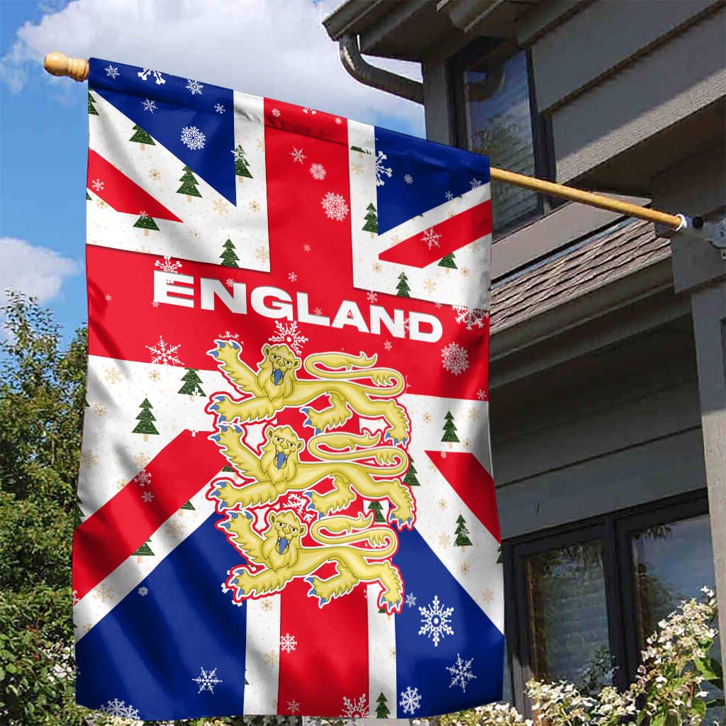 England Christmas Garden Flag with Red White Blue Santa Bus Tree and Three Lions Design - Wonder Print Shop