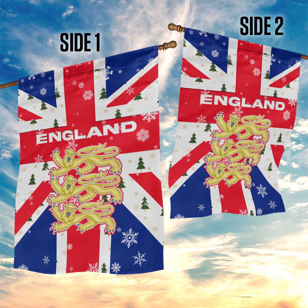 England Christmas Garden Flag with Red White Blue Santa Bus Tree and Three Lions Design - Wonder Print Shop