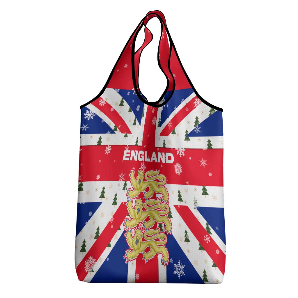 England Christmas Grocery Bag with Red White Blue Santa Bus Tree and Three Lions Design - Wonder Print Shop