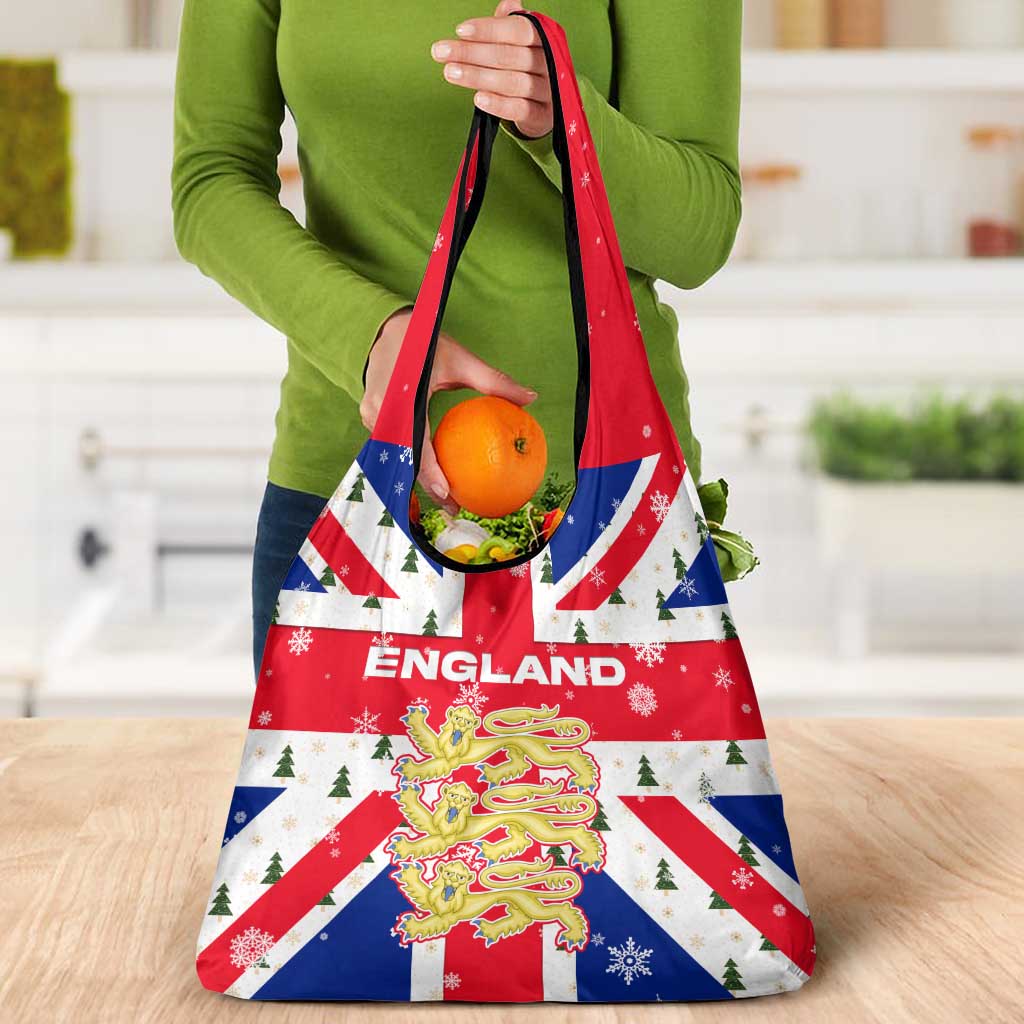 England Christmas Grocery Bag with Red White Blue Santa Bus Tree and Three Lions Design - Wonder Print Shop
