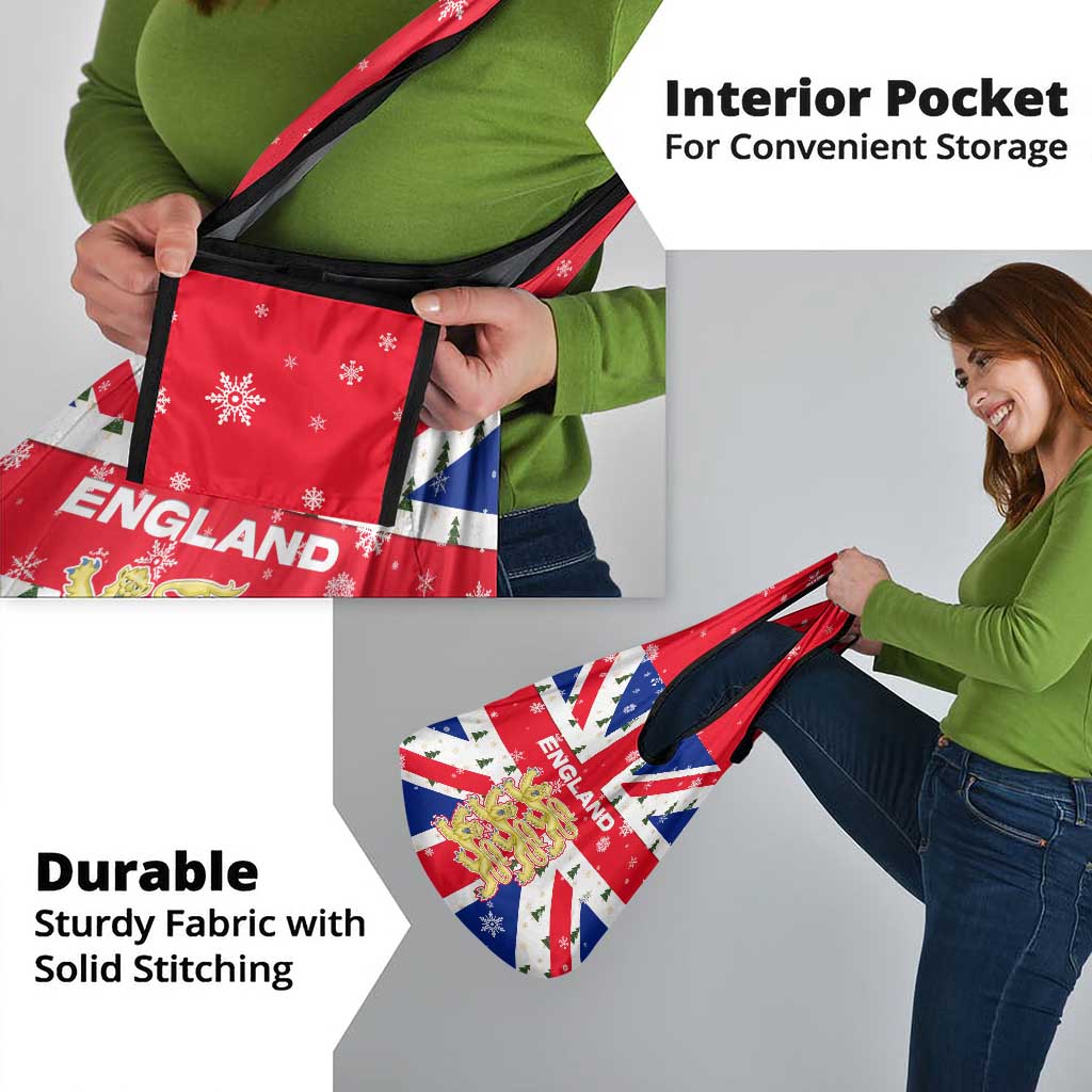 England Christmas Grocery Bag with Red White Blue Santa Bus Tree and Three Lions Design - Wonder Print Shop