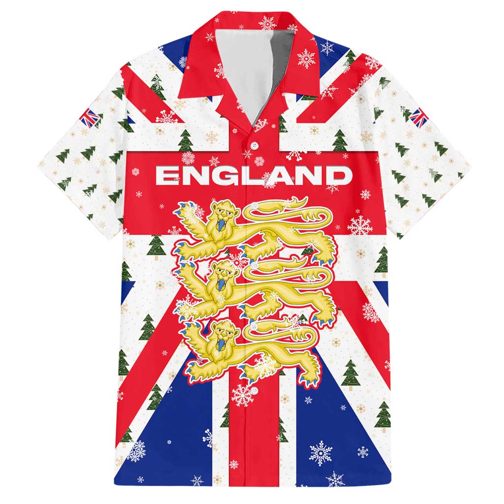 England Christmas Hawaiian Shirt with Red White Blue Santa Bus Tree and Three Lions Design - Wonder Print Shop