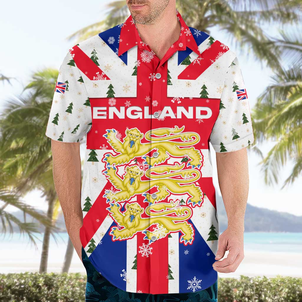 England Christmas Hawaiian Shirt with Red White Blue Santa Bus Tree and Three Lions Design - Wonder Print Shop