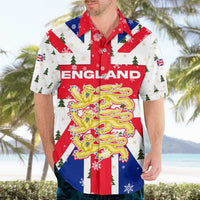 England Christmas Hawaiian Shirt with Red White Blue Santa Bus Tree and Three Lions Design - Wonder Print Shop