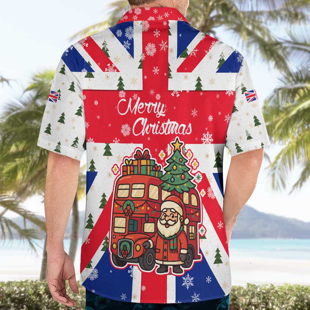 England Christmas Hawaiian Shirt with Red White Blue Santa Bus Tree and Three Lions Design - Wonder Print Shop
