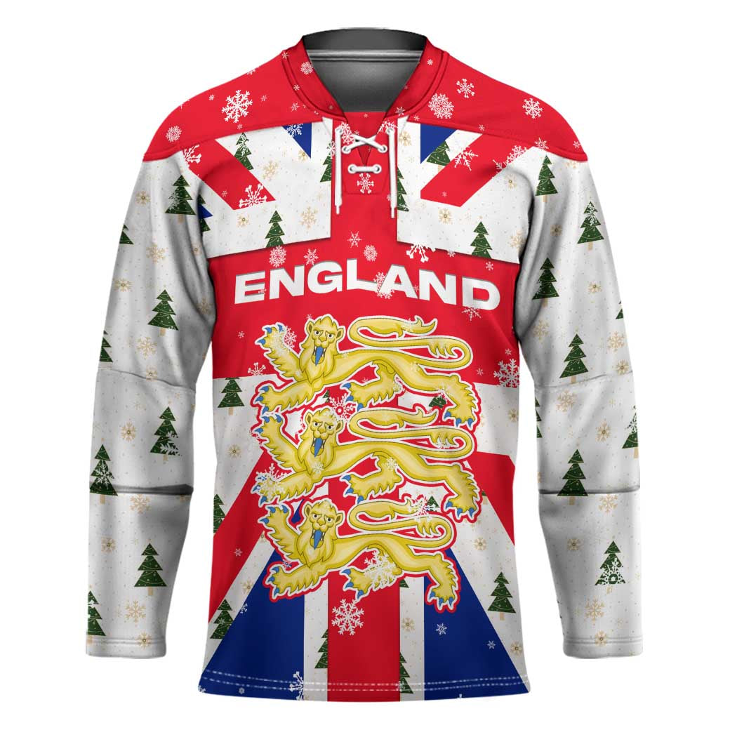 England Christmas Hockey Jersey with Red White Blue Santa Bus Tree and Three Lions Design - Wonder Print Shop