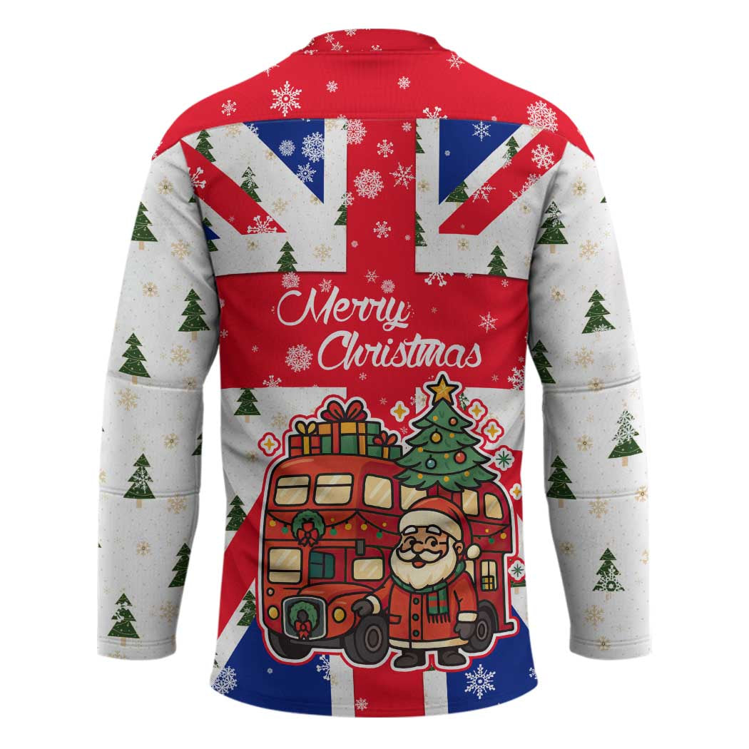 England Christmas Hockey Jersey with Red White Blue Santa Bus Tree and Three Lions Design - Wonder Print Shop