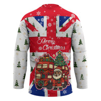 England Christmas Hockey Jersey with Red White Blue Santa Bus Tree and Three Lions Design - Wonder Print Shop