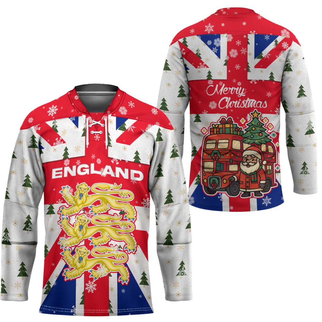 England Christmas Hockey Jersey with Red White Blue Santa Bus Tree and Three Lions Design - Wonder Print Shop
