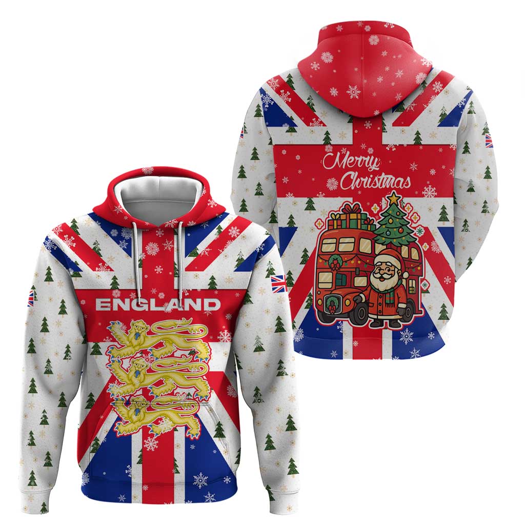 England Christmas Hoodie with Red White Blue Santa Bus Tree and Three Lions Design - Wonder Print Shop