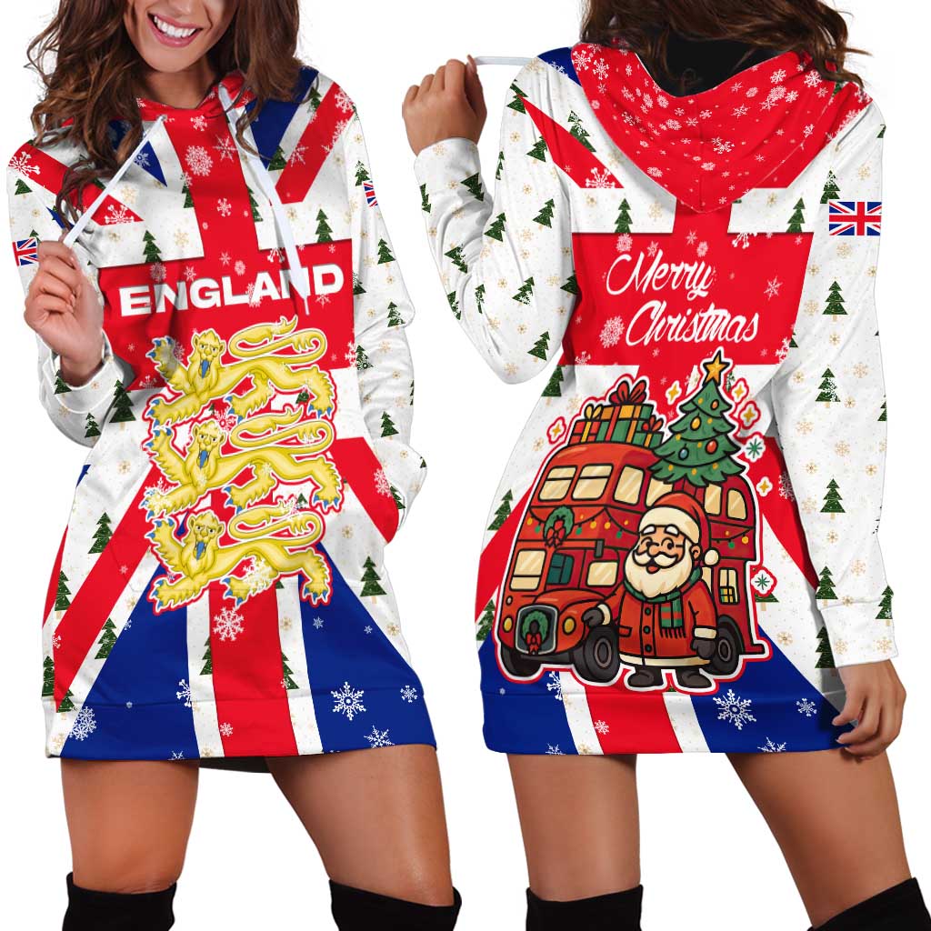 England Christmas Hoodie Dress with Red White Blue Santa Bus Tree and Three Lions Design - Wonder Print Shop