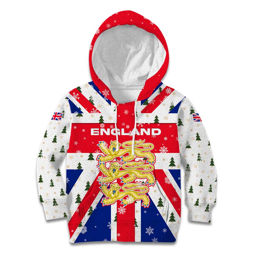 England Christmas Kid Hoodie with Red White Blue Santa Bus Tree and Three Lions Design - Wonder Print Shop