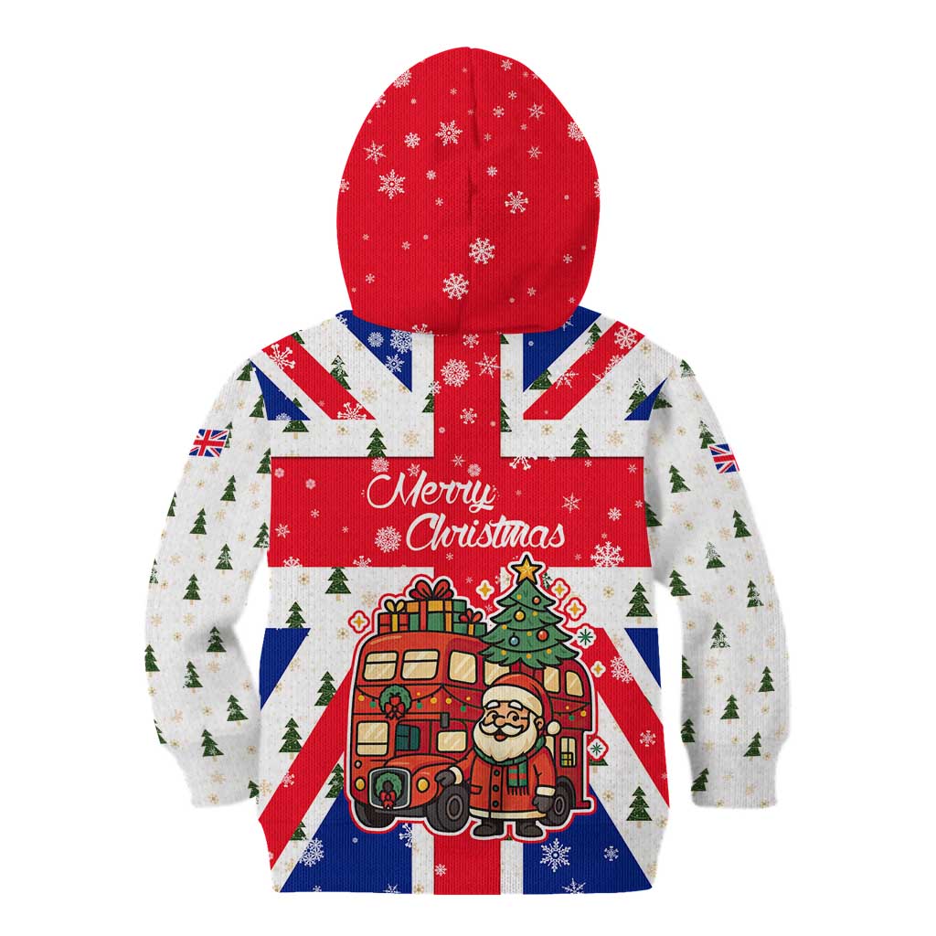 England Christmas Kid Hoodie with Red White Blue Santa Bus Tree and Three Lions Design - Wonder Print Shop