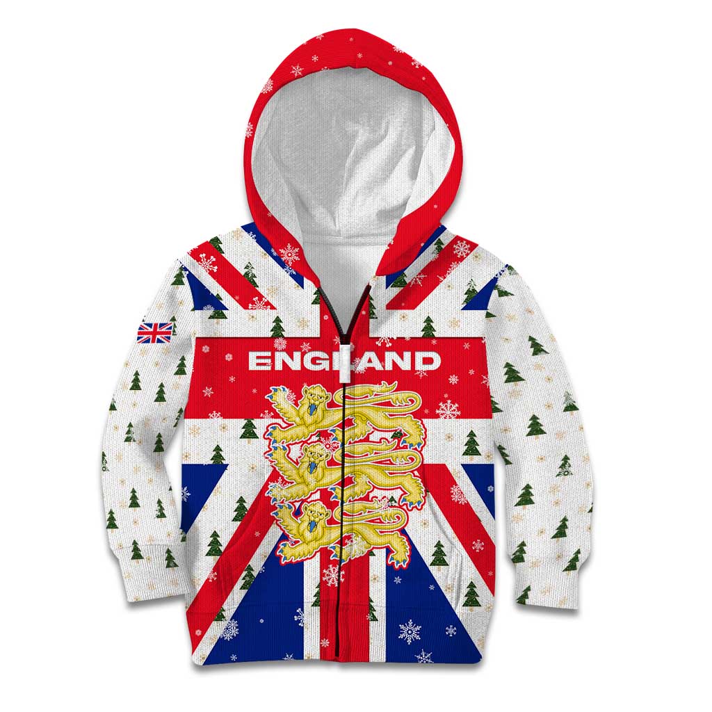 England Christmas Kid Hoodie with Red White Blue Santa Bus Tree and Three Lions Design - Wonder Print Shop