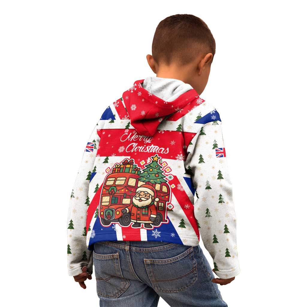 England Christmas Kid Hoodie with Red White Blue Santa Bus Tree and Three Lions Design - Wonder Print Shop