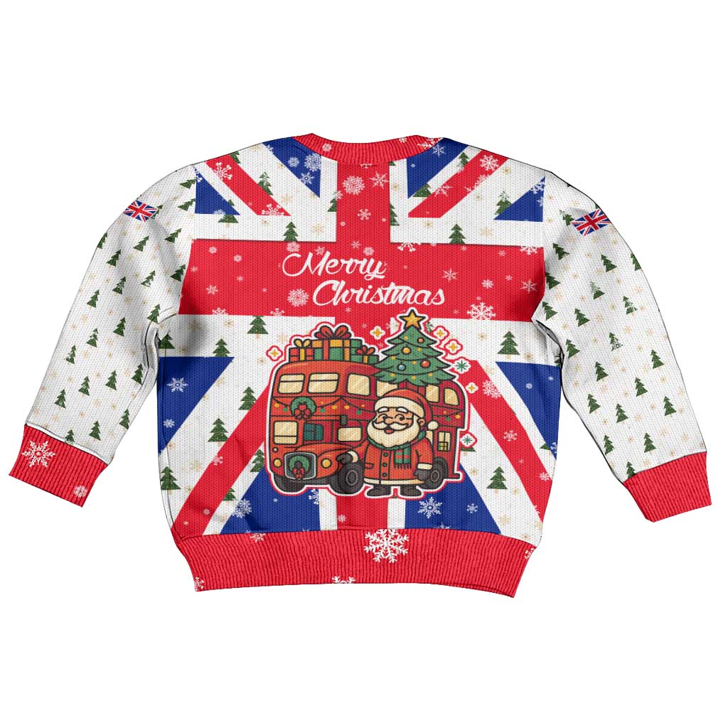 England Christmas Kid Ugly Christmas Sweater with Red White Blue Santa Bus Tree and Three Lions Design - Wonder Print Shop