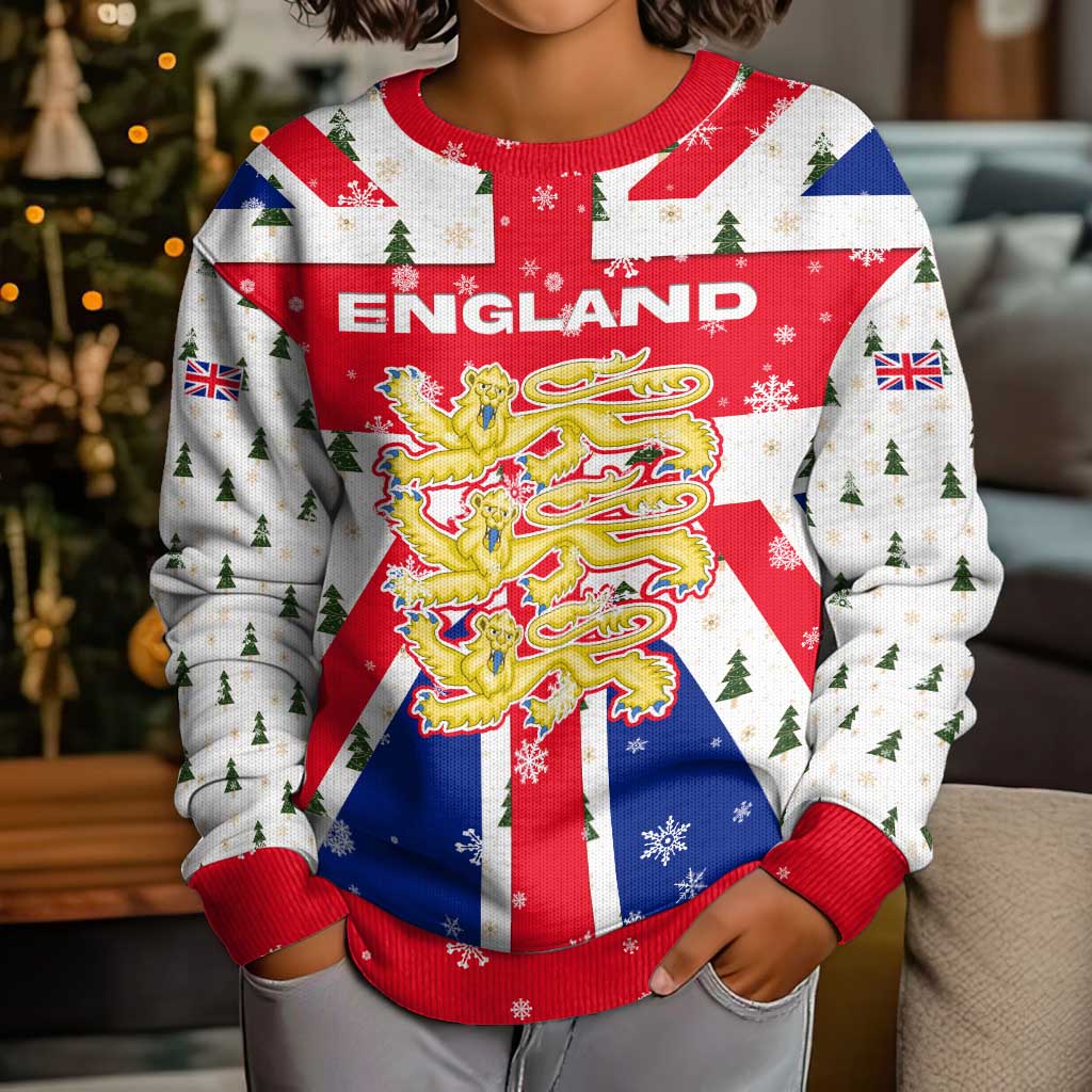 England Christmas Kid Ugly Christmas Sweater with Red White Blue Santa Bus Tree and Three Lions Design - Wonder Print Shop