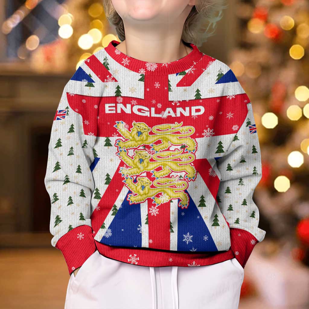 England Christmas Kid Ugly Christmas Sweater with Red White Blue Santa Bus Tree and Three Lions Design - Wonder Print Shop
