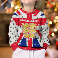 England Christmas Kid Ugly Christmas Sweater with Red White Blue Santa Bus Tree and Three Lions Design - Wonder Print Shop