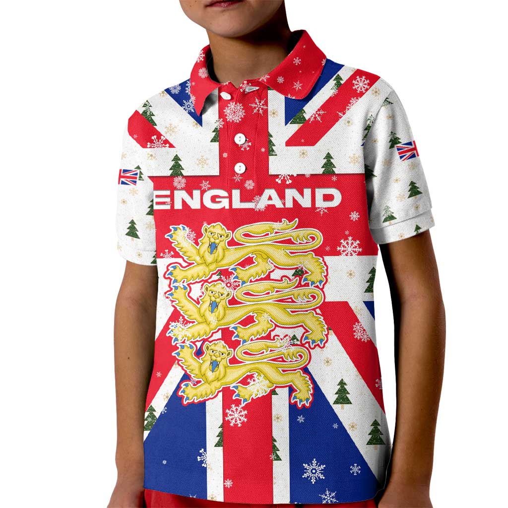 England Christmas Kid Polo Shirt with Red White Blue Santa Bus Tree and Three Lions Design - Wonder Print Shop
