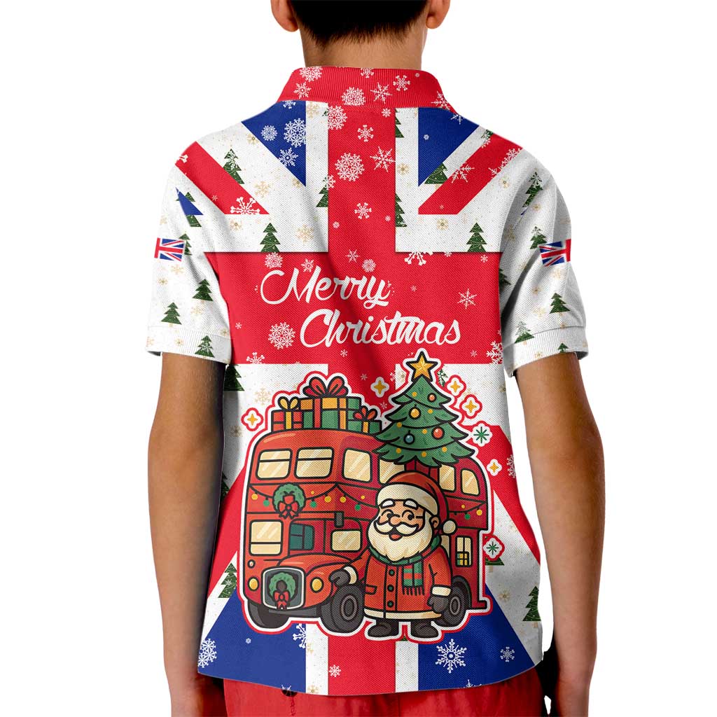 England Christmas Kid Polo Shirt with Red White Blue Santa Bus Tree and Three Lions Design - Wonder Print Shop