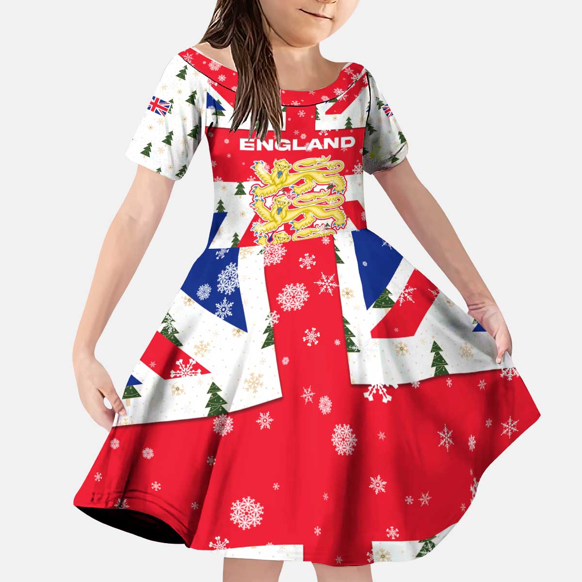 England Christmas Kid Short Sleeve Dress with Red White Blue Santa Bus Tree and Three Lions Design - Wonder Print Shop