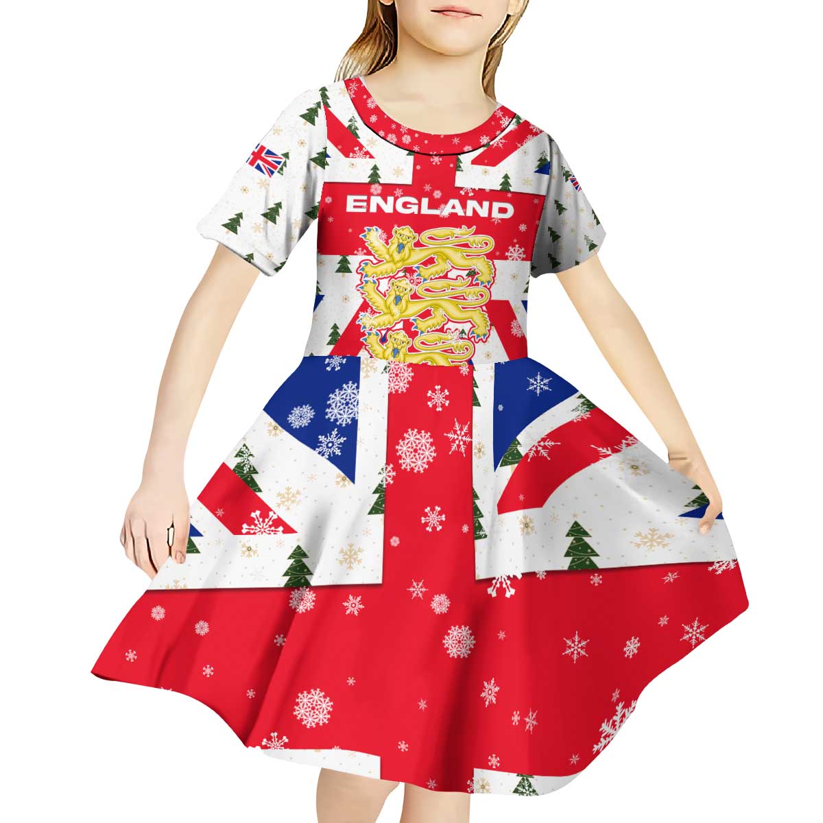 England Christmas Kid Short Sleeve Dress with Red White Blue Santa Bus Tree and Three Lions Design - Wonder Print Shop