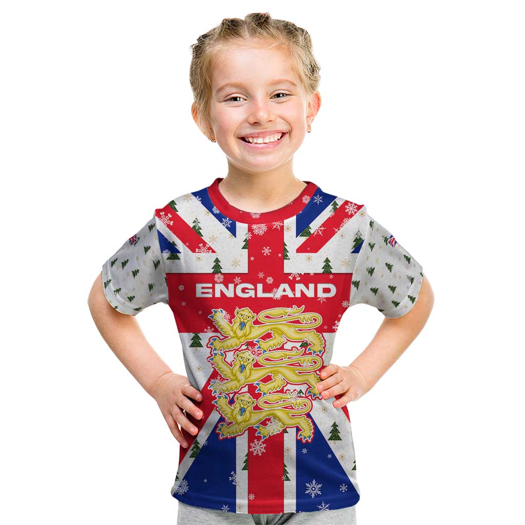 England Christmas Kid T Shirt with Red White Blue Santa Bus Tree and Three Lions Design - Wonder Print Shop