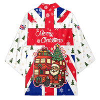 England Christmas Kimono with Red White Blue Santa Bus Tree and Three Lions Design - Wonder Print Shop
