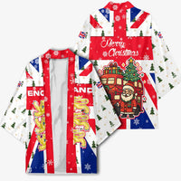 England Christmas Kimono with Red White Blue Santa Bus Tree and Three Lions Design - Wonder Print Shop