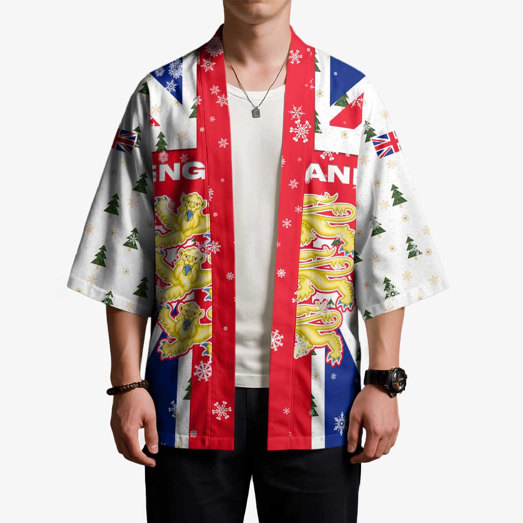 England Christmas Kimono with Red White Blue Santa Bus Tree and Three Lions Design - Wonder Print Shop