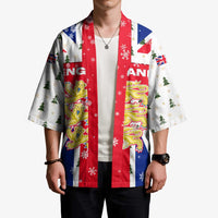 England Christmas Kimono with Red White Blue Santa Bus Tree and Three Lions Design - Wonder Print Shop