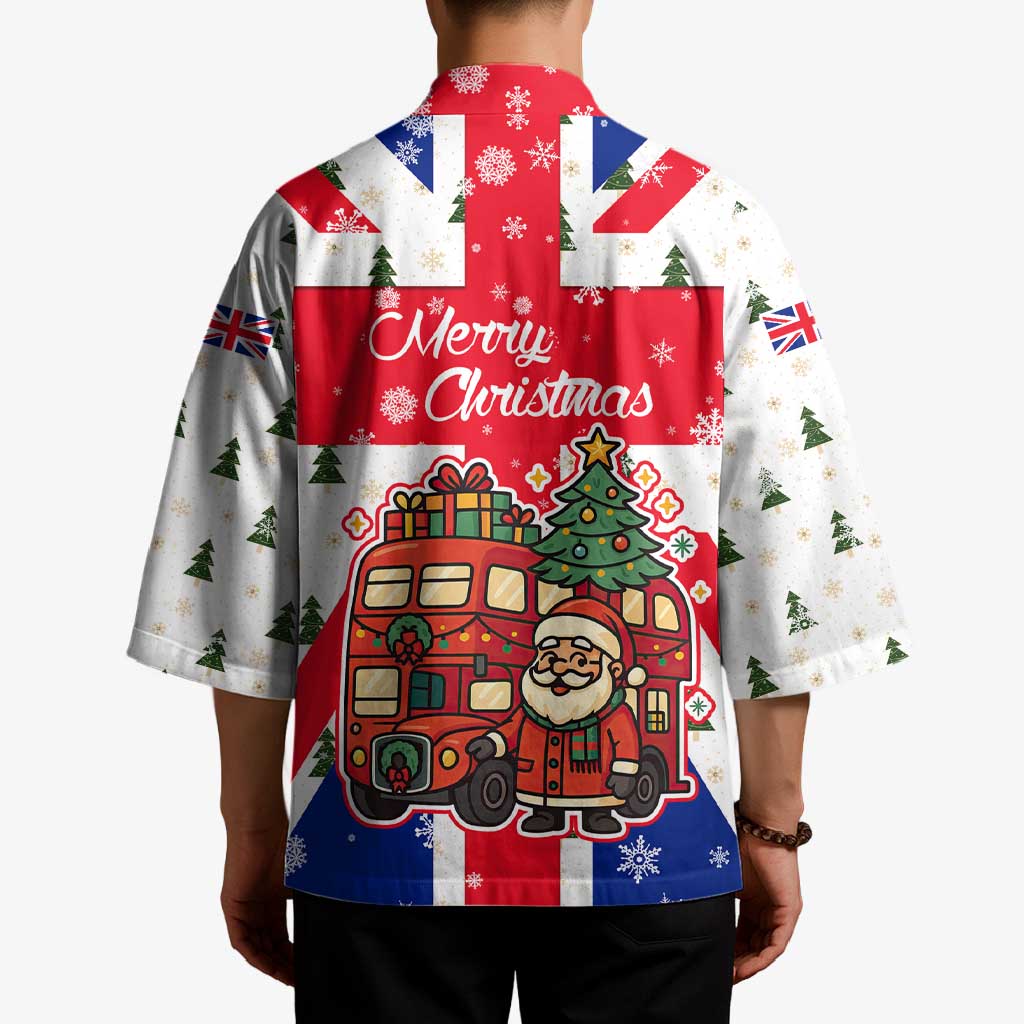 England Christmas Kimono with Red White Blue Santa Bus Tree and Three Lions Design - Wonder Print Shop