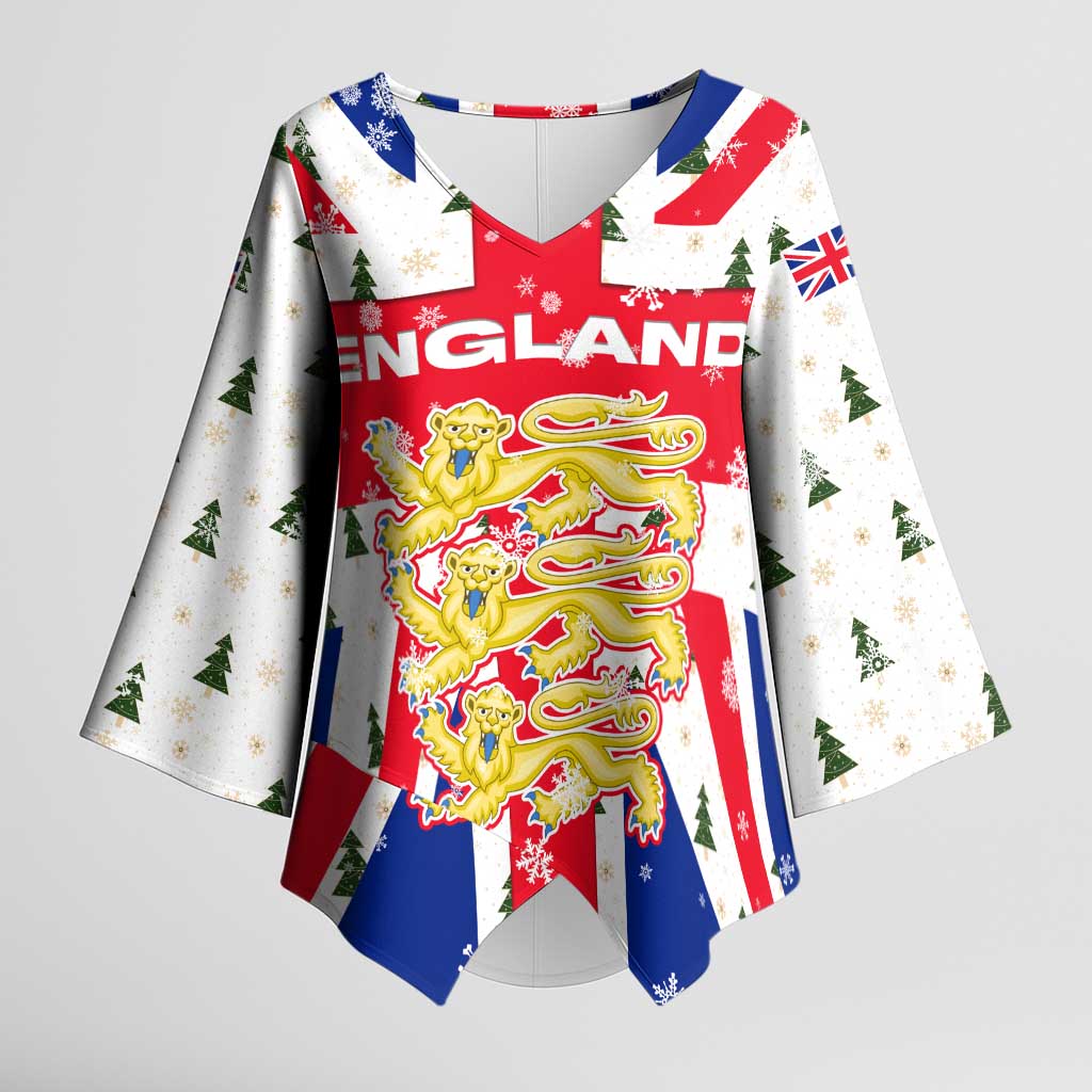 England Christmas Kimono Sleeve Blouse with Red White Blue Santa Bus Tree and Three Lions Design - Wonder Print Shop
