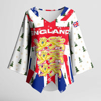 England Christmas Kimono Sleeve Blouse with Red White Blue Santa Bus Tree and Three Lions Design - Wonder Print Shop