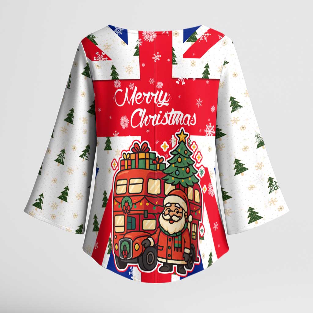 England Christmas Kimono Sleeve Blouse with Red White Blue Santa Bus Tree and Three Lions Design - Wonder Print Shop
