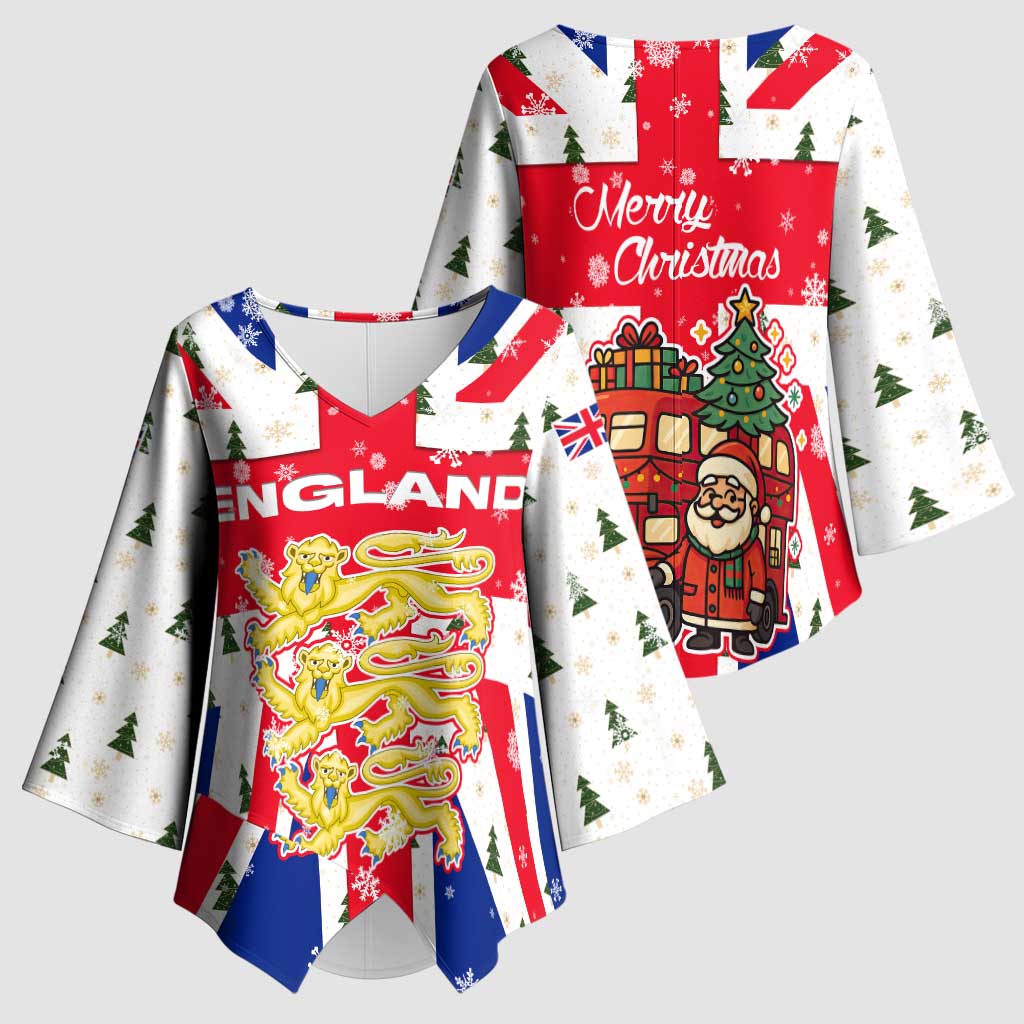 England Christmas Kimono Sleeve Blouse with Red White Blue Santa Bus Tree and Three Lions Design - Wonder Print Shop