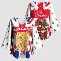 England Christmas Kimono Sleeve Blouse with Red White Blue Santa Bus Tree and Three Lions Design - Wonder Print Shop