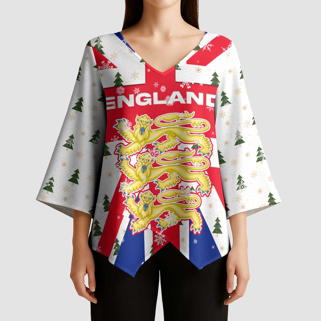 England Christmas Kimono Sleeve Blouse with Red White Blue Santa Bus Tree and Three Lions Design - Wonder Print Shop