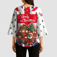 England Christmas Kimono Sleeve Blouse with Red White Blue Santa Bus Tree and Three Lions Design - Wonder Print Shop