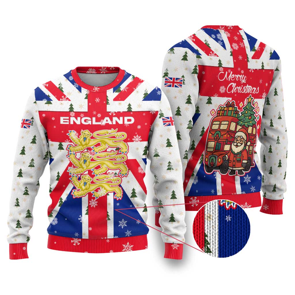 England Christmas Ugly Christmas Sweater with Red White Blue Santa Bus Tree and Three Lions Design - Wonder Print Shop