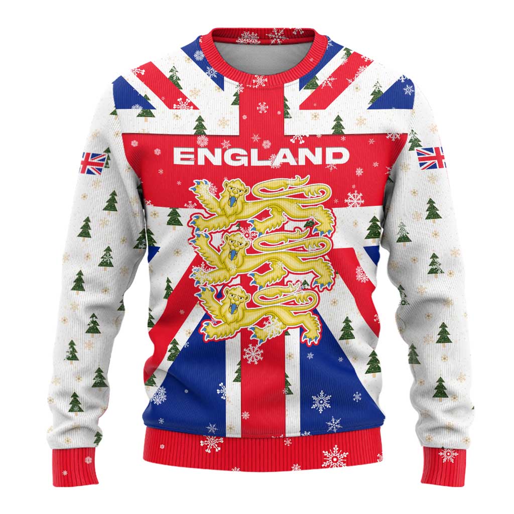 England Christmas Ugly Christmas Sweater with Red White Blue Santa Bus Tree and Three Lions Design - Wonder Print Shop