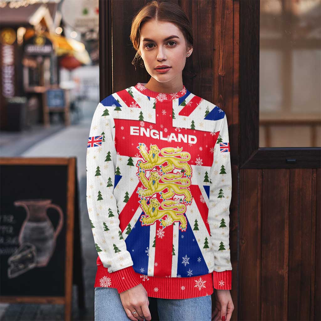 England Christmas Ugly Christmas Sweater with Red White Blue Santa Bus Tree and Three Lions Design - Wonder Print Shop